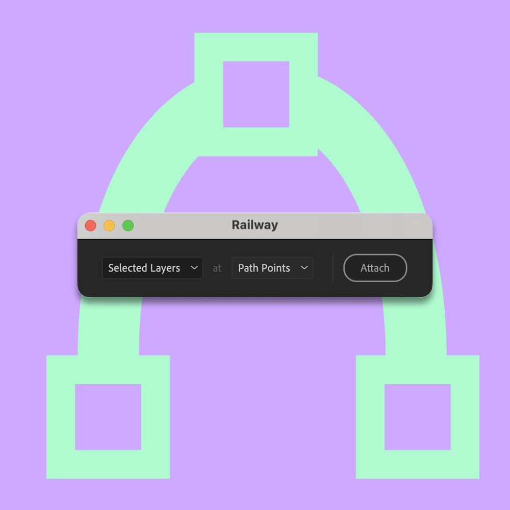 The Railway script interface displaying the dropdowns for selecting paths and layers, as well as buttons for attaching layers to the path. In the background there is a nice pastel colored illustration of a 3 point path to demonstrate the Railway script's functionality.