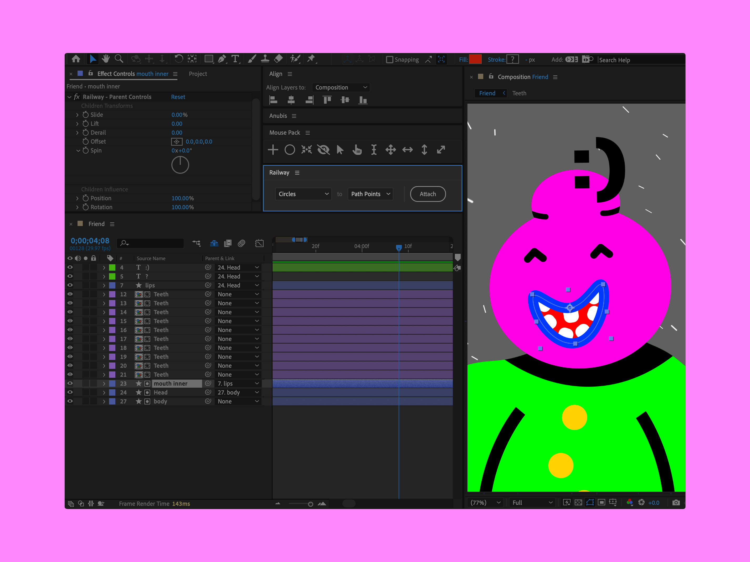 Railway Demo Inside After effects, the Railway panel is highlighted and the active comp viewer is displaying a comp of a happy pink character smiling. Their mouth is made of a shape layer path which the teeth are attached to using Railway. Light pink background.